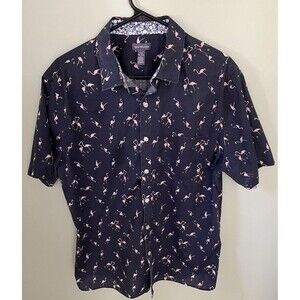 Van Heusen Men's Button Down Short Sleeve Casual Gray Shirt Pink Flamingos Large